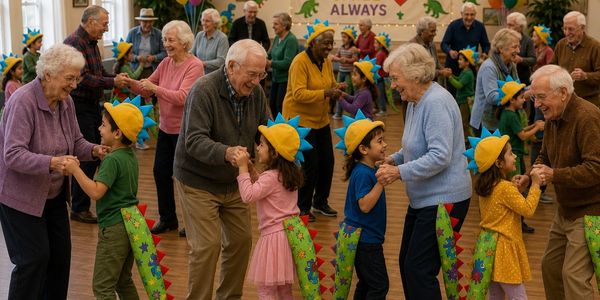 Elderly people and children joyfully dancing together in colorful dinosaur costumes.