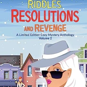 Book cover of woman with white hair, gray hat, and sunglasses in a cute town