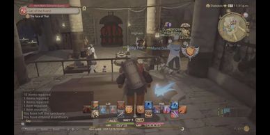 A player character in a medieval fantasy game interface inside a stone building.