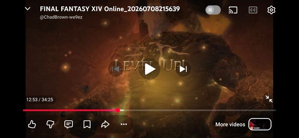 Screenshot of a Final Fantasy XIV Online gameplay video with a level up message.
