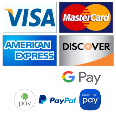 payment options - credit, Google Pay, Apple Pay, Android Pay, Samsung Pay, Paypal