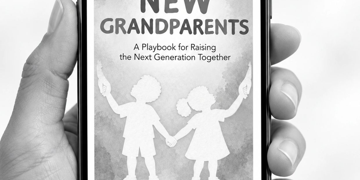 Book titled "New Grandparents" shown on a phone screen.