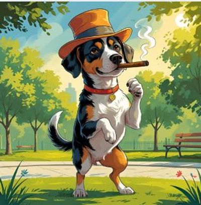 A dog wearing a hat and smoking a cigar in a park.