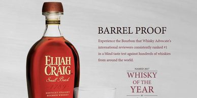 Elijah Craig Barrel Proof bourbon with a glass, awarded Whisky of the Year 2017.