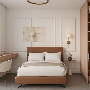 Modern bedroom with brown and beige tones, featuring a comfortable bed and elegant wall decor.