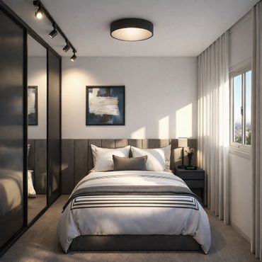 Modern bedroom with a cozy bed and natural light from the window.