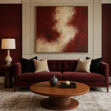 Elegant living room with maroon sofa and abstract art.
