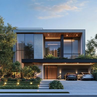 Modern two-story house with large glass windows and a double garage.