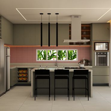Modern kitchen with sleek cabinetry, island seating, and large window.