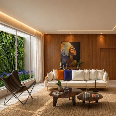 Modern living room with wooden walls, white sofa, and large window with greenery outside.