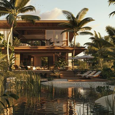 Modern tropical house with wooden accents surrounded by lush greenery and water.