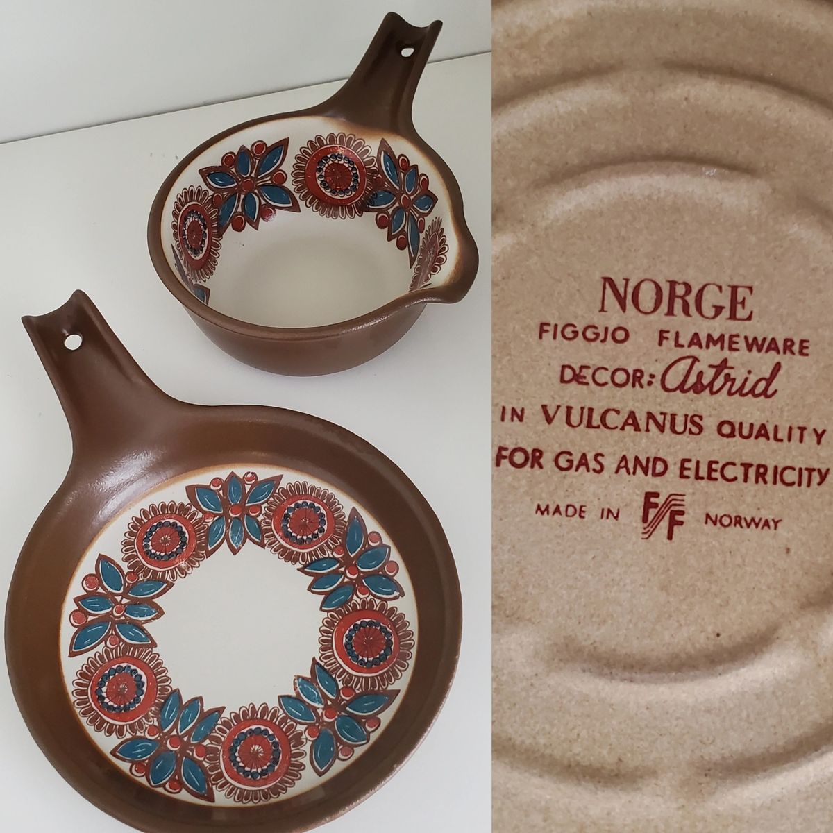 Pair 1960s vintage Norge Flameware Astrid small ceramic saucepans