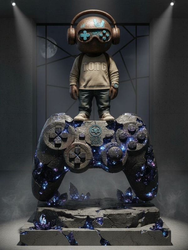 A futuristic statue of a gaming character standing on a glowing game controller pedestal.