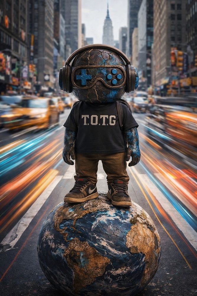 A stylized figure with a game controller head stands on a globe in a busy city street.