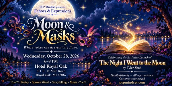Moonlit artwork with decorative masks and a glowing book. The Night I Went to the Moon by Tyler Shah