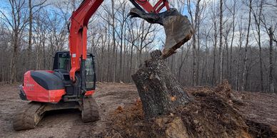 Excavator uprooting a tree stump in a wooded area.