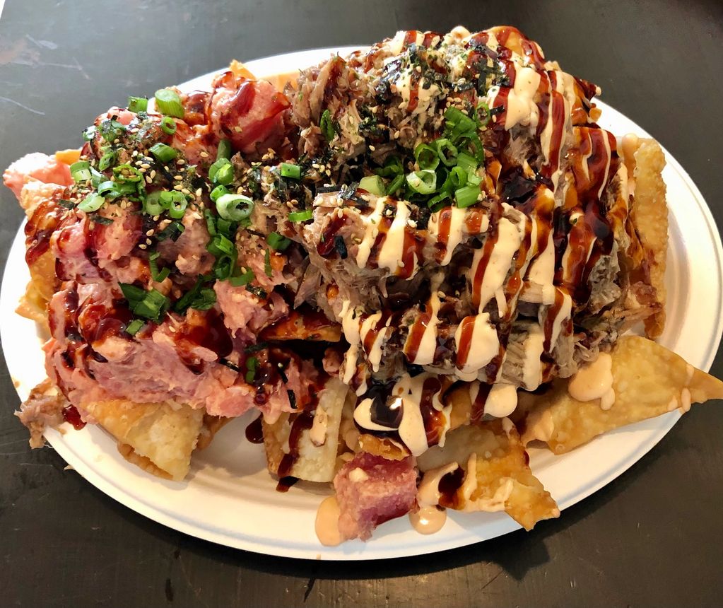 Smoked Pork Wonton Nachos or Poke & Pork Nachos 