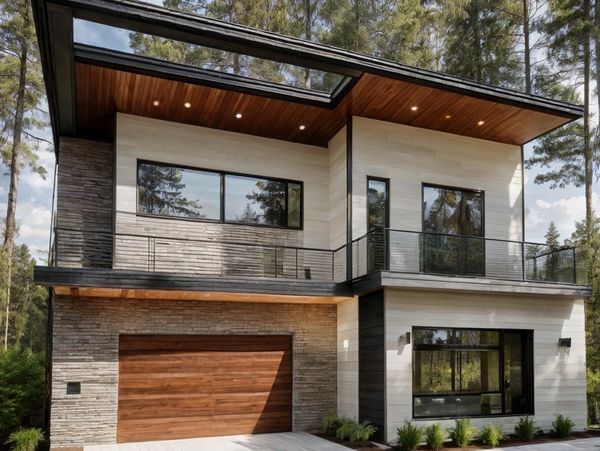 Modern two-story house with wood and stone exterior, large windows, and balcony.