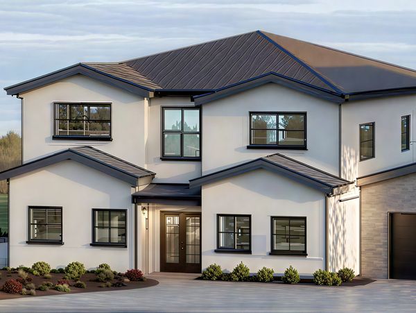 Modern two-story house with beige walls and black-framed windows.