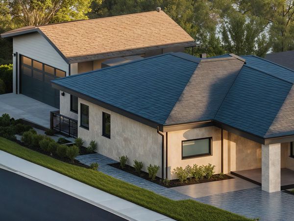 Modern house with dark roof and detached garage in a green neighborhood.