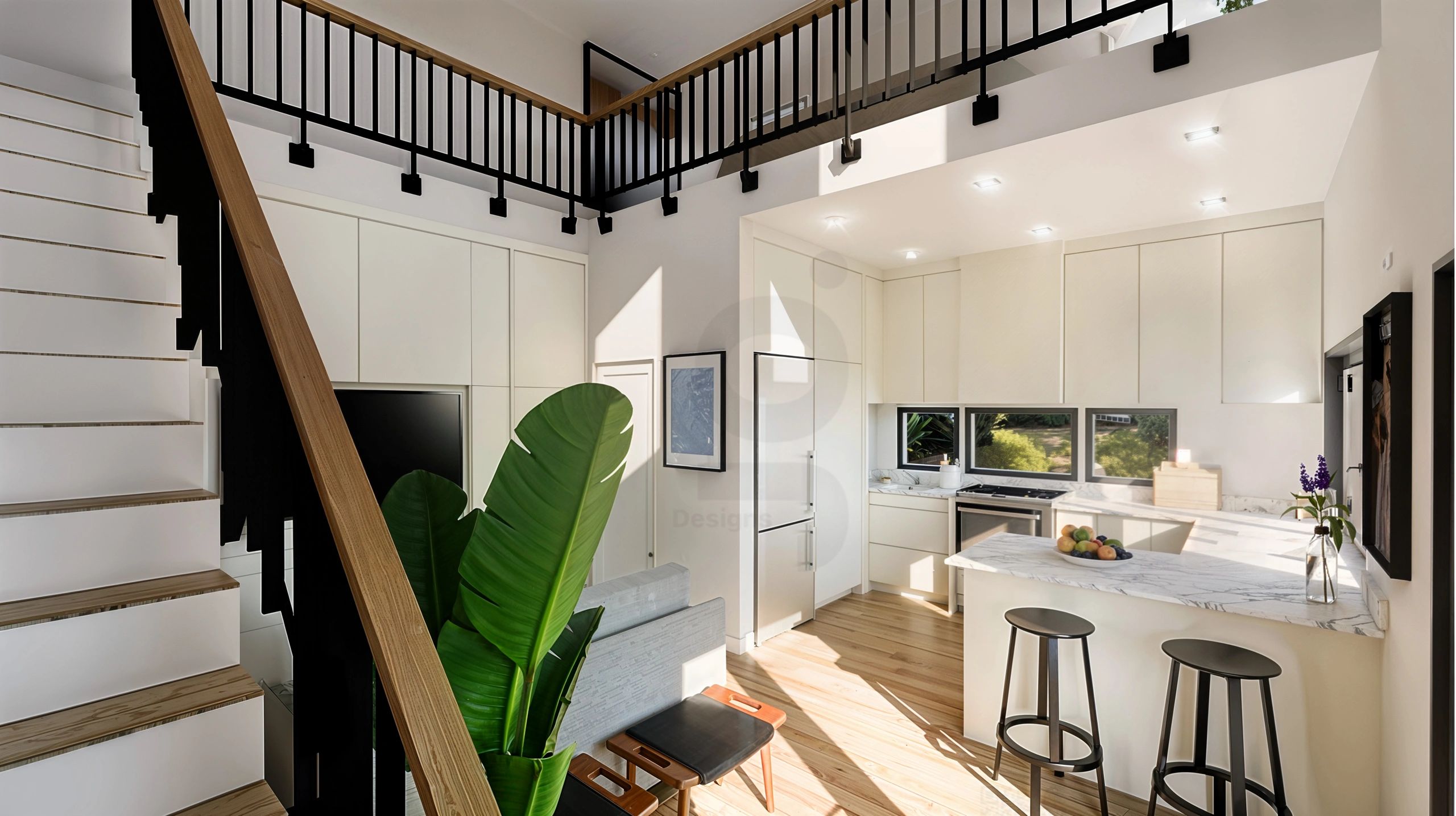 Modern open kitchen with white cabinets, marble countertops, and wooden accents under natural sunlight.