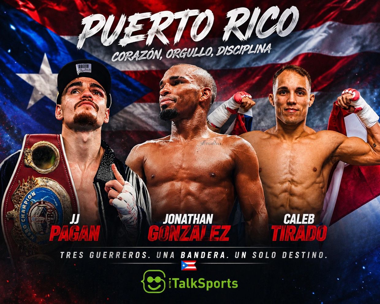 Three Puerto Rican boxers with the flag in the background and motivational text.