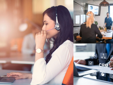 Woman with headset working in office, business meeting, and CRM software interface.