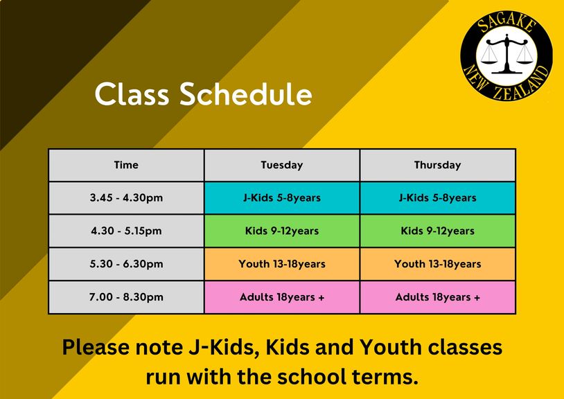 Class schedule for J-Kids, Kids, Youth, and Adults at Sagake New Zealand.