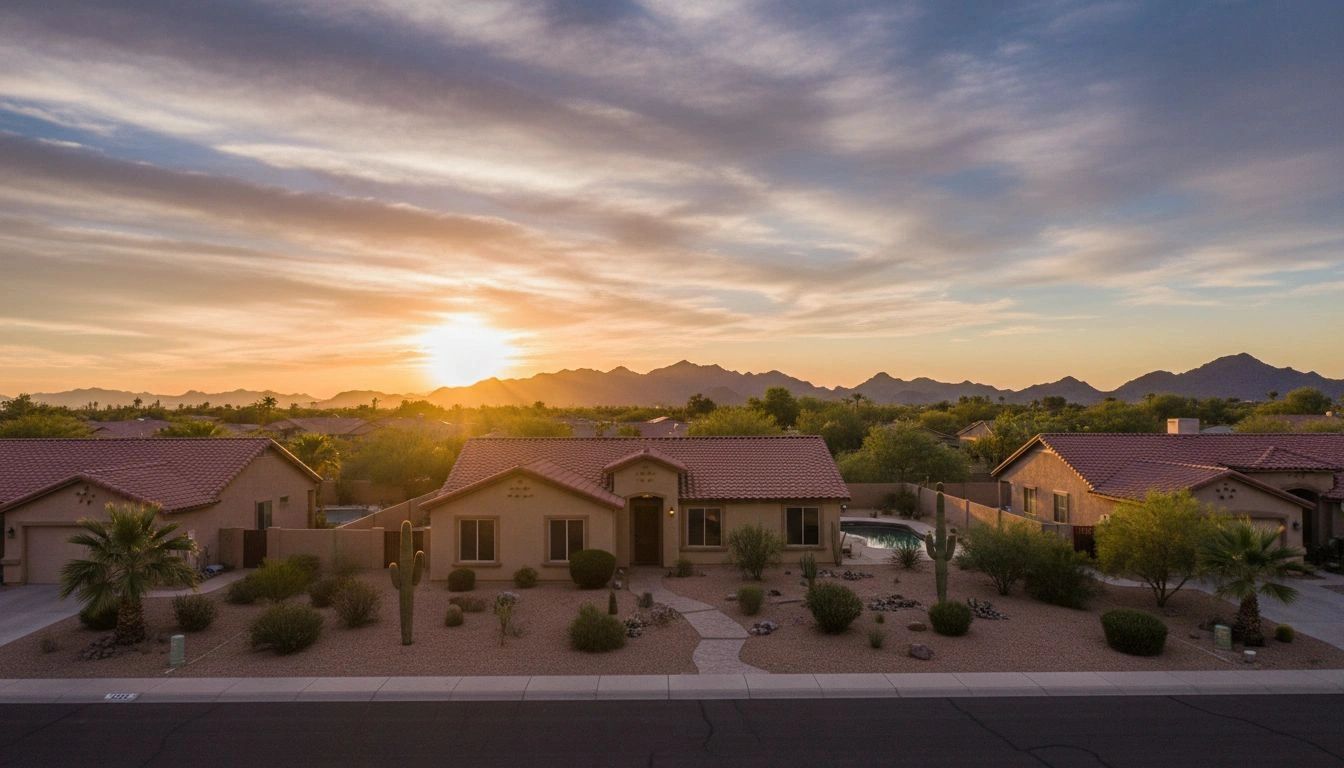 Desert-style home with cacti and a sunset backdrop over mountains.