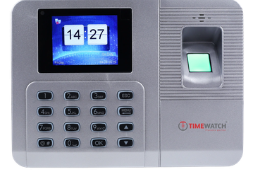 Fingerprint time clock device for employee attendance tracking.