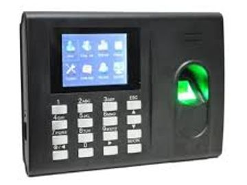 Biometric fingerprint scanner with keypad and display screen for access control.