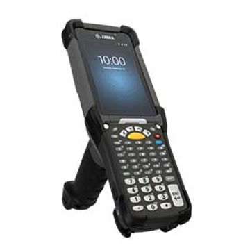 Handheld barcode scanner with screen and keypad for inventory management.