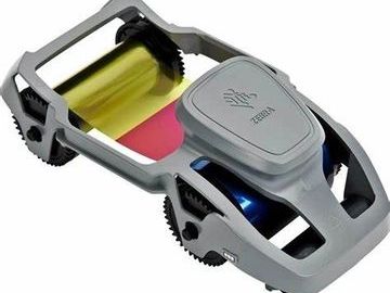 Zebra card printer with ribbon installed.