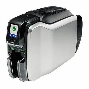 A modern Zebra card printer with touchscreen display.