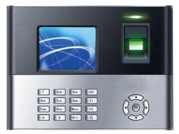 Biometric fingerprint time attendance device with keypad and display.