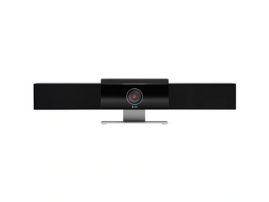A sleek black video conferencing camera with a wide base and central lens.