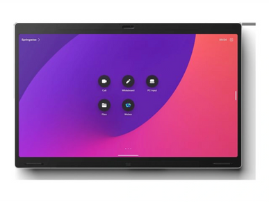 Modern touchscreen device with colorful interface and central app icons.
