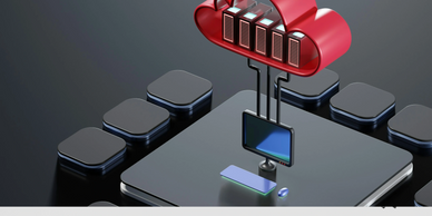 3D illustration of cloud computing with connected servers and a computer.