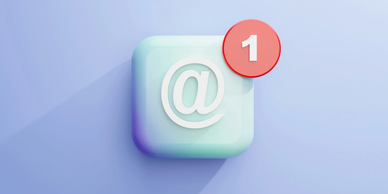 3D email notification icon with one new message on a soft blue background.