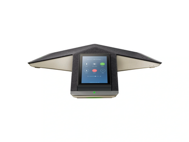 Modern conference speakerphone with touchscreen controls for calls.