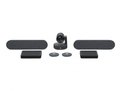 Modern conference room video and audio system components.