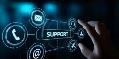 Hand interacting with digital support icons for communication and assistance.