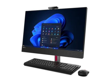 Modern all-in-one desktop computer with wireless keyboard and mouse.
