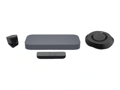 A sleek video conferencing kit with camera, speaker, remote, and hub.