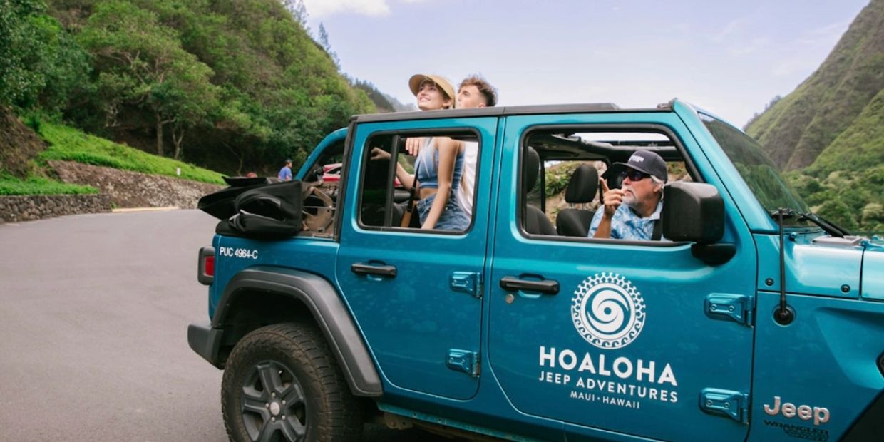 People enjoy a scenic jeep tour in Maui, Hawaii.