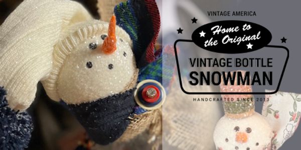 Close-up of a handcrafted vintage bottle snowman with textured details and a carrot nose.
