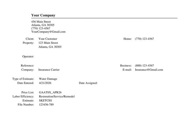 Document showing company and client details for water damage estimate.