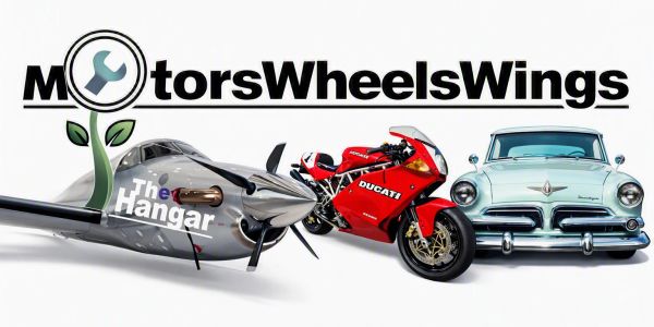 Aircraft, motorcycle, and classic car representing MotorsWheelsWings.
