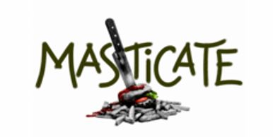 Word 'MASTICATE' with a knife and food elements.