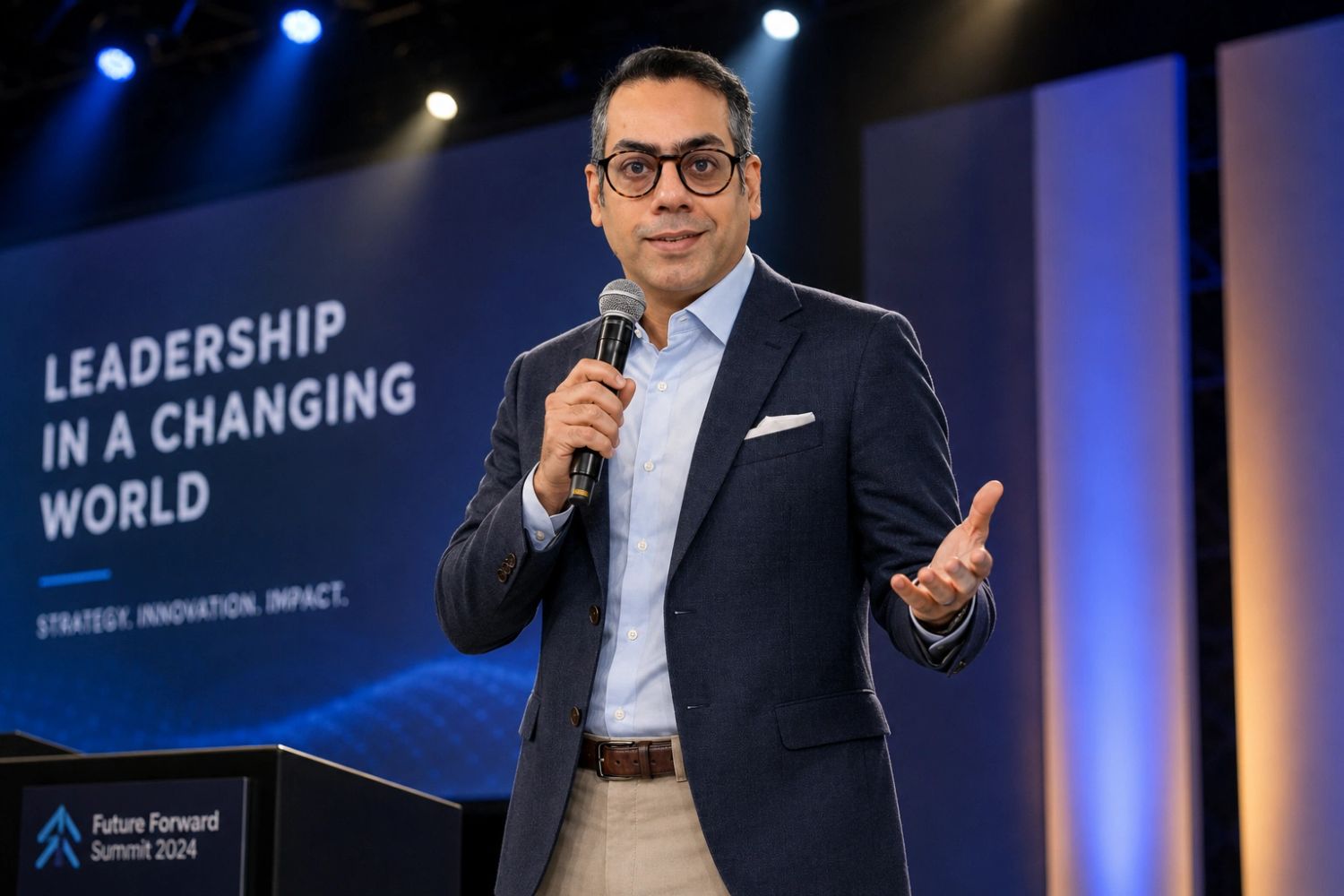 A man in a blazer speaking at the Future Forward Summit 2024.